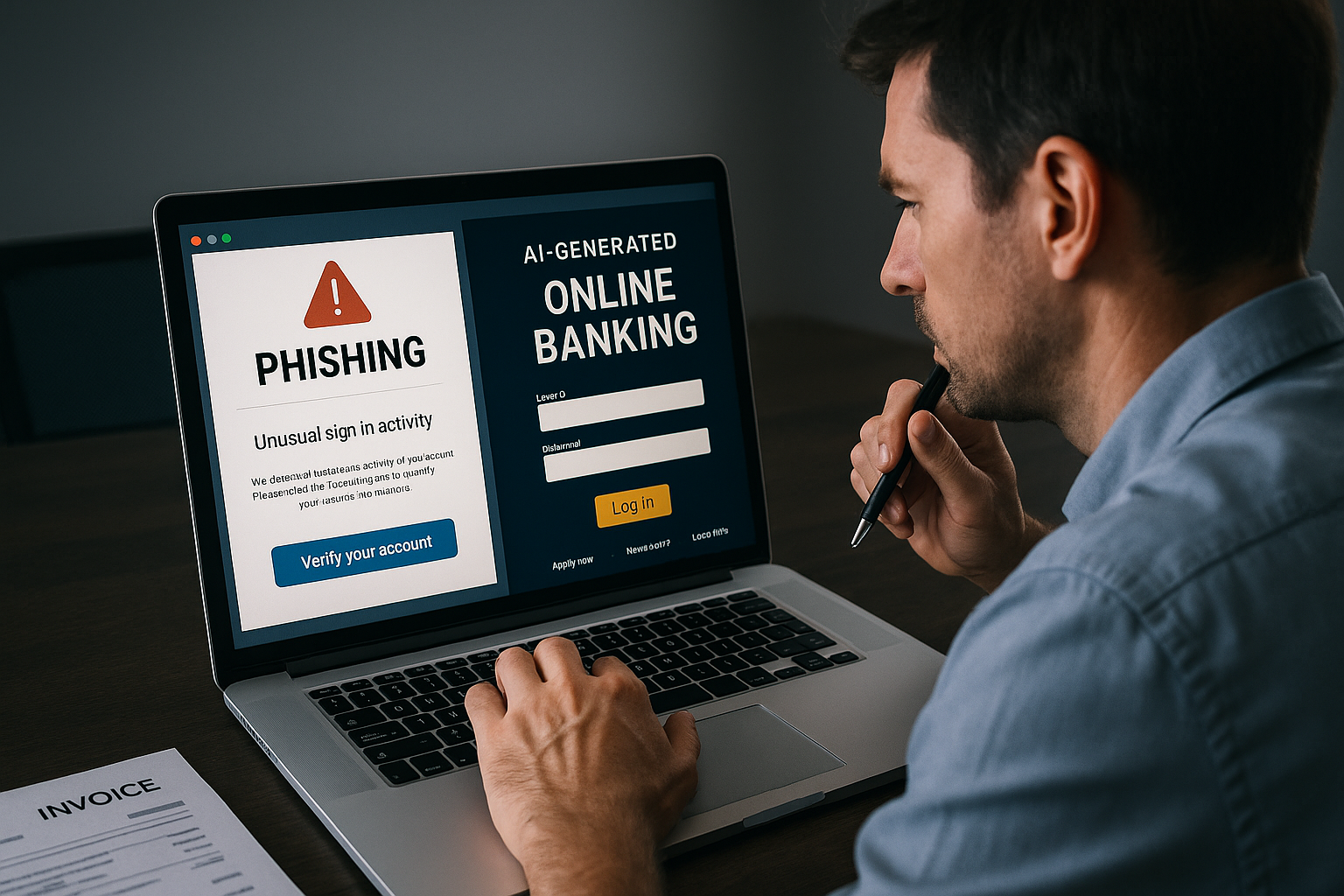 A hacker on the left uses AI tools to create a fake website identical to a trusted brand login page. On the right, a laptop displays a realistic-looking phishing email. In the background, glowing AI-generated code streams across a screen, symbolizing automation. The scene highlights how convincing AI-driven scams can appear to employees.